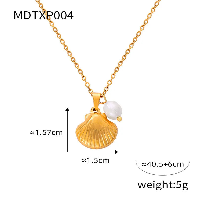French vintage shell pendant necklace with freshwater pearls on O-shaped titanium steel chain