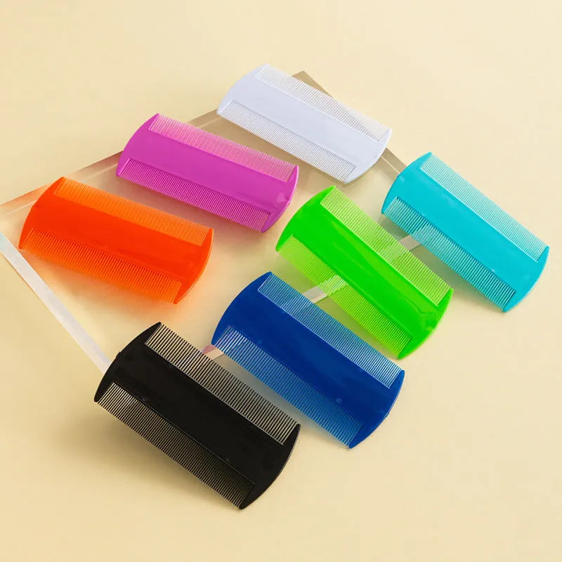 Double-sided fine tooth plastic comb for lice and fleas in various colours on a white background.