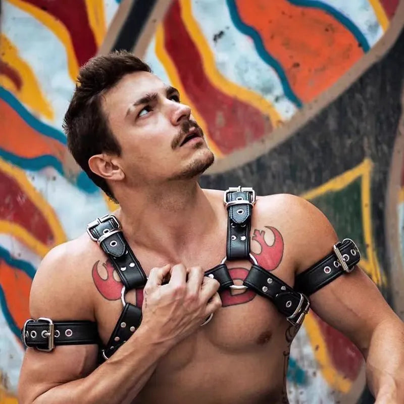 Black leather chest muscle bondage adjustable shoulder strap with metal rivets and buckle hardware
