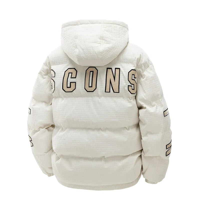 Men's black Korean-style padded coat with hood and letter print, side seam pockets visible