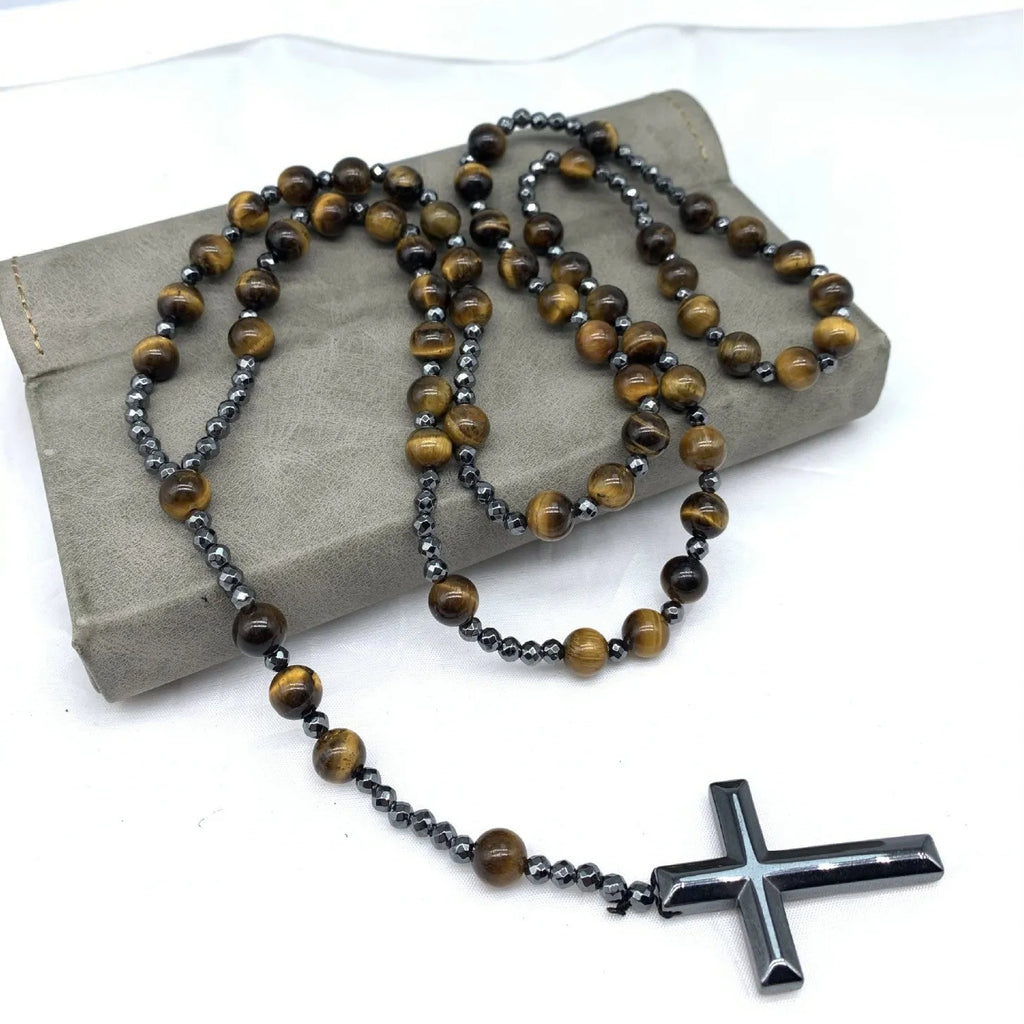 Men's stone geometric cross pendant on an 80cm ball bead chain with safety lock.