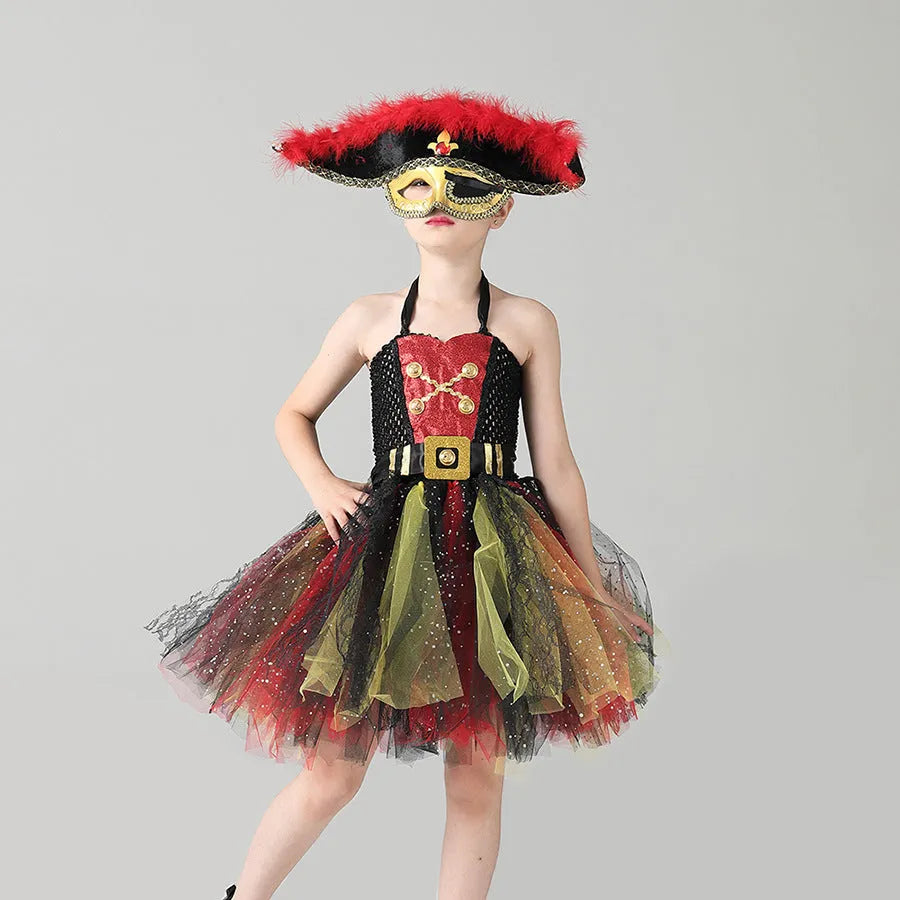 Black pirate costume dress for girls with sequin details and gauze mesh sleeves