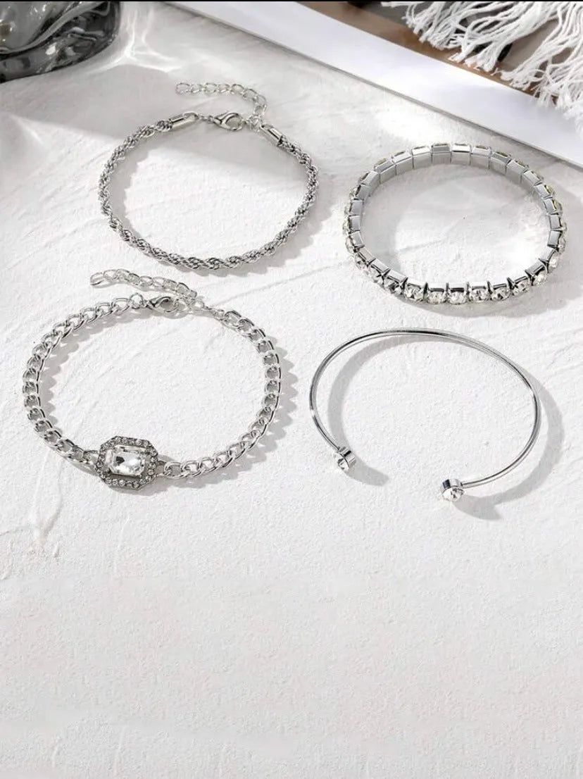 Women's geometric retro style alloy bracelet four-piece set with metal chain and square diamond elements