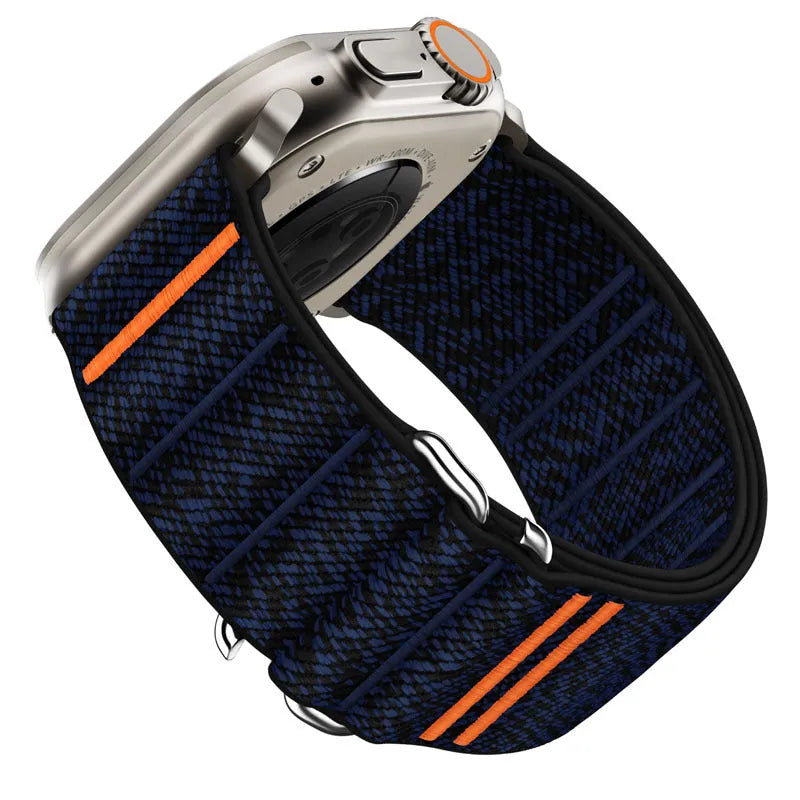 Elastic nylon Apple Watch band with stainless steel buckle shown in multiple colour options