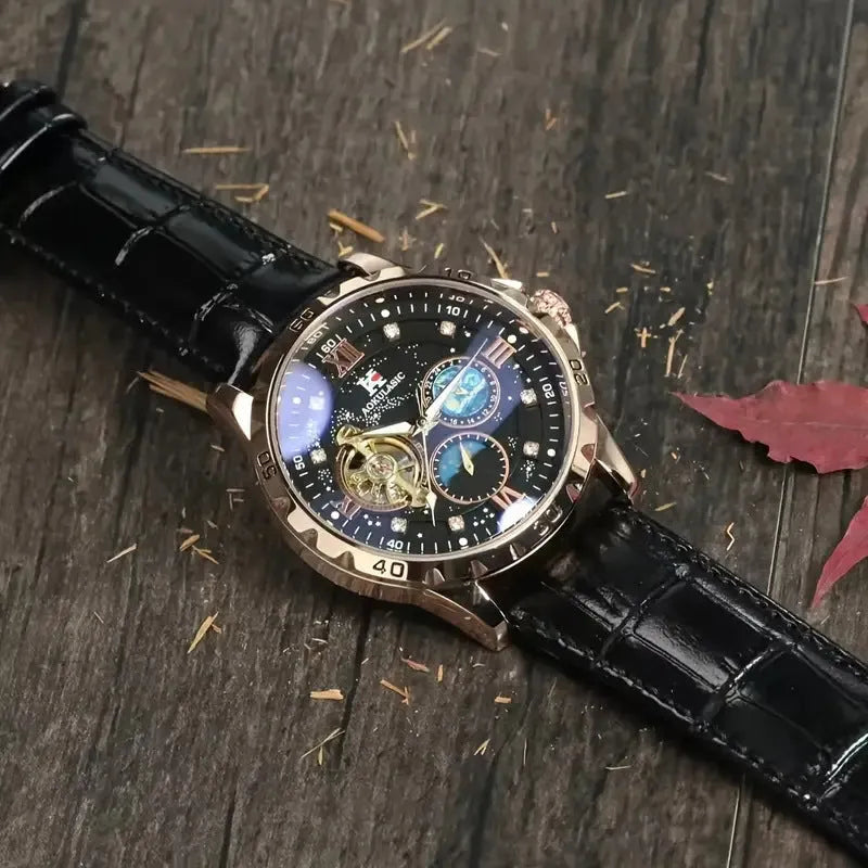 Men's black automatic skeleton watch with rose gold case and leather strap showing mechanical movement