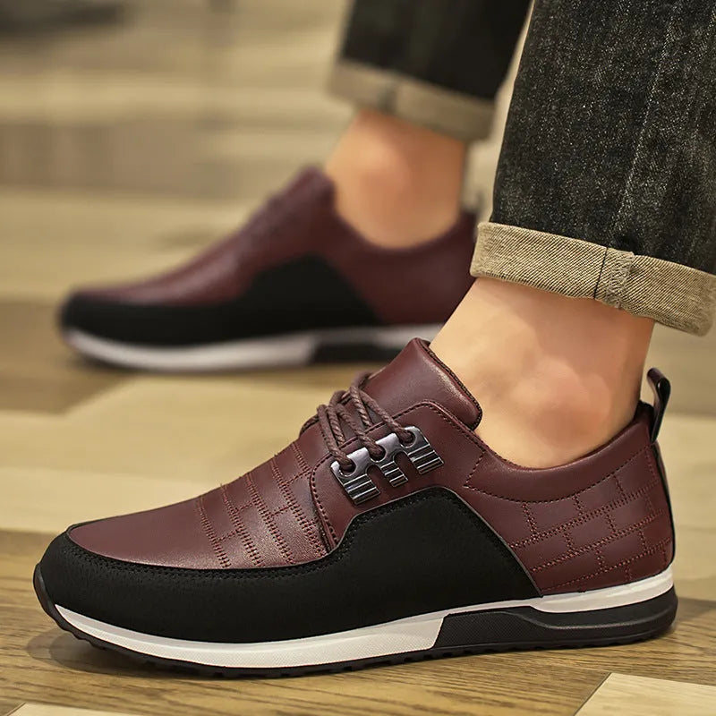 Men's spring casual leather shoes in blue with non-slip rubber sole and front lace-up closure