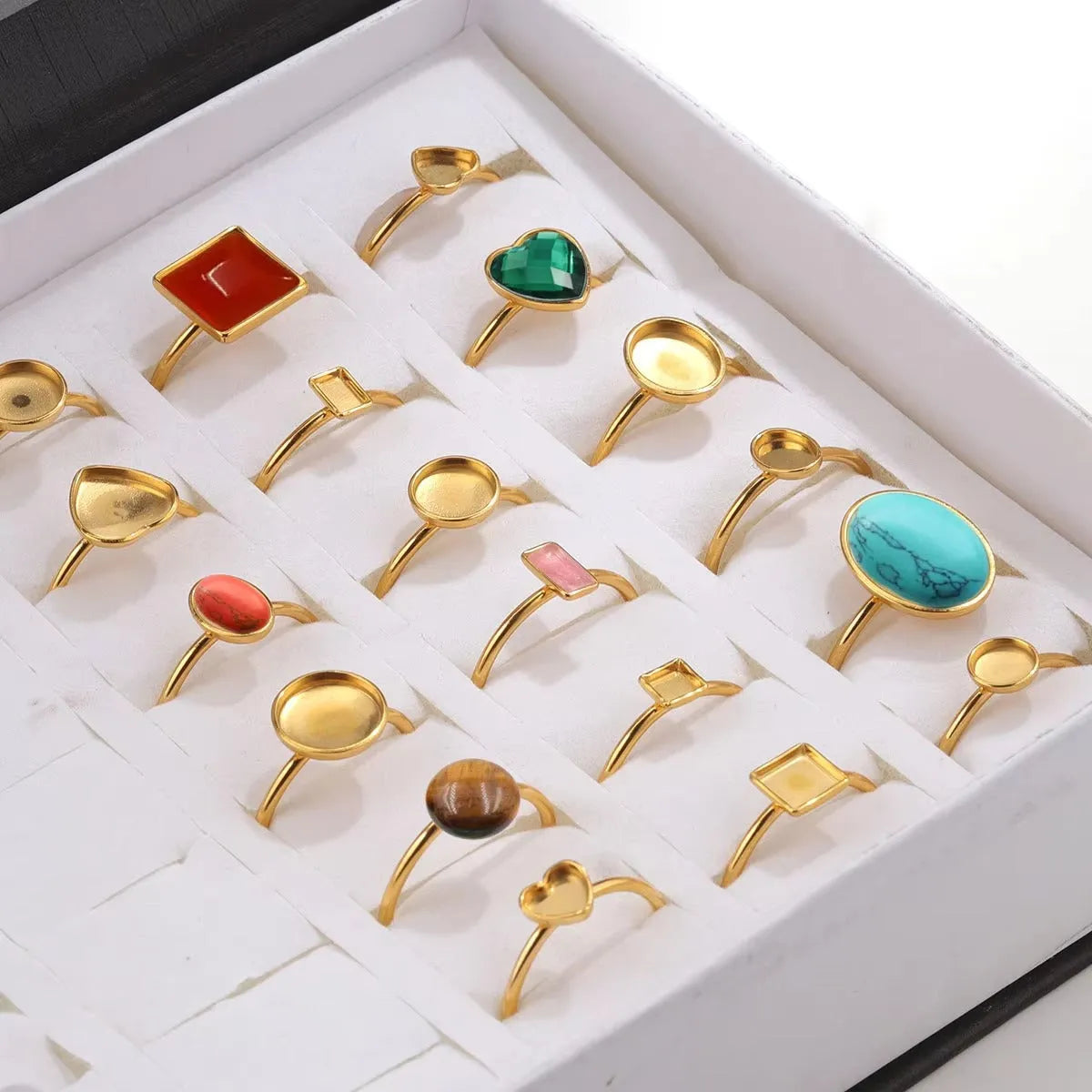 Golden electroplated stainless steel ring settings in various shapes and sizes with ring holder for DIY jewellery