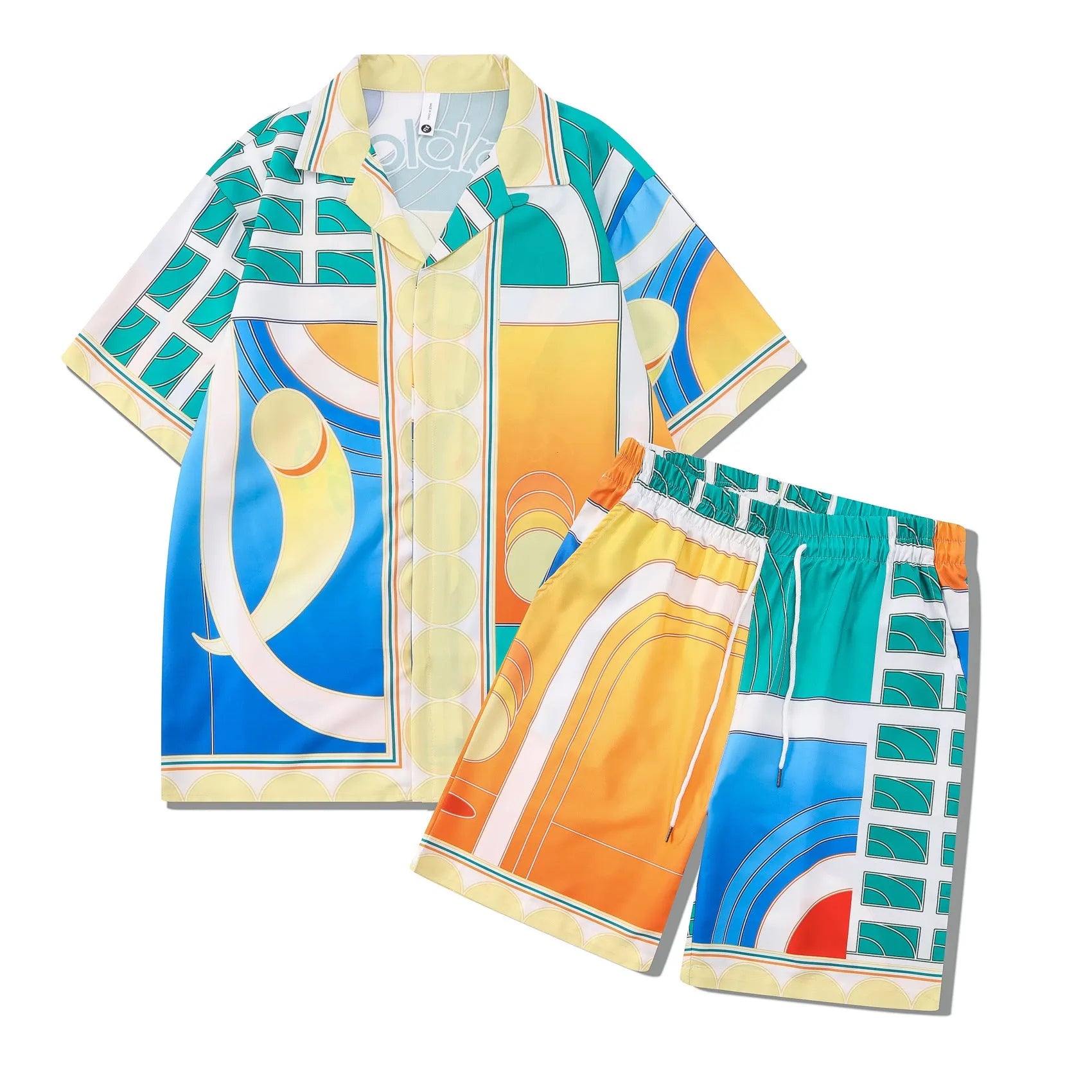 Printed plaid beach shirt and matching trousers set for casual wear.