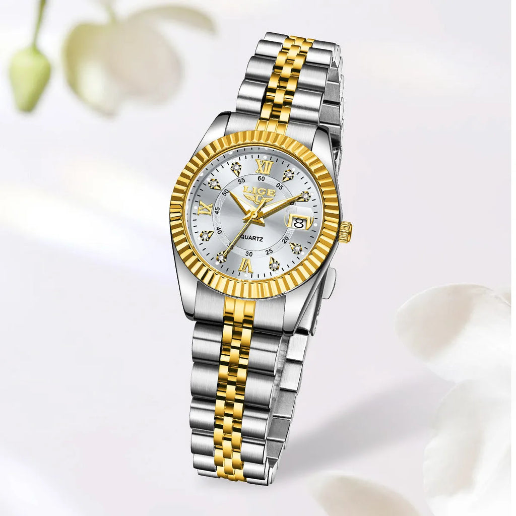 Women's waterproof quartz fashion watch with 10mm thickness in gold, silver, and metallic colour variations