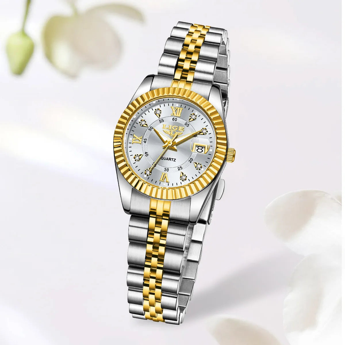 Women's waterproof quartz fashion watch with 10mm thickness in gold, silver, and metallic colour variations