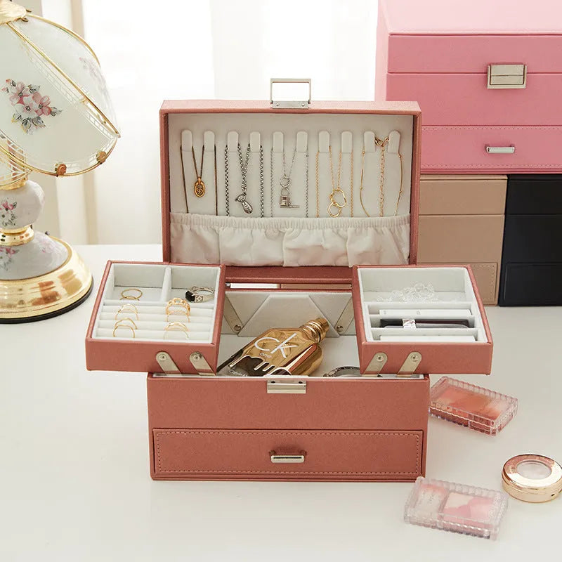 European style PU leather jewellery storage box in black, pink, rose gold or beige
