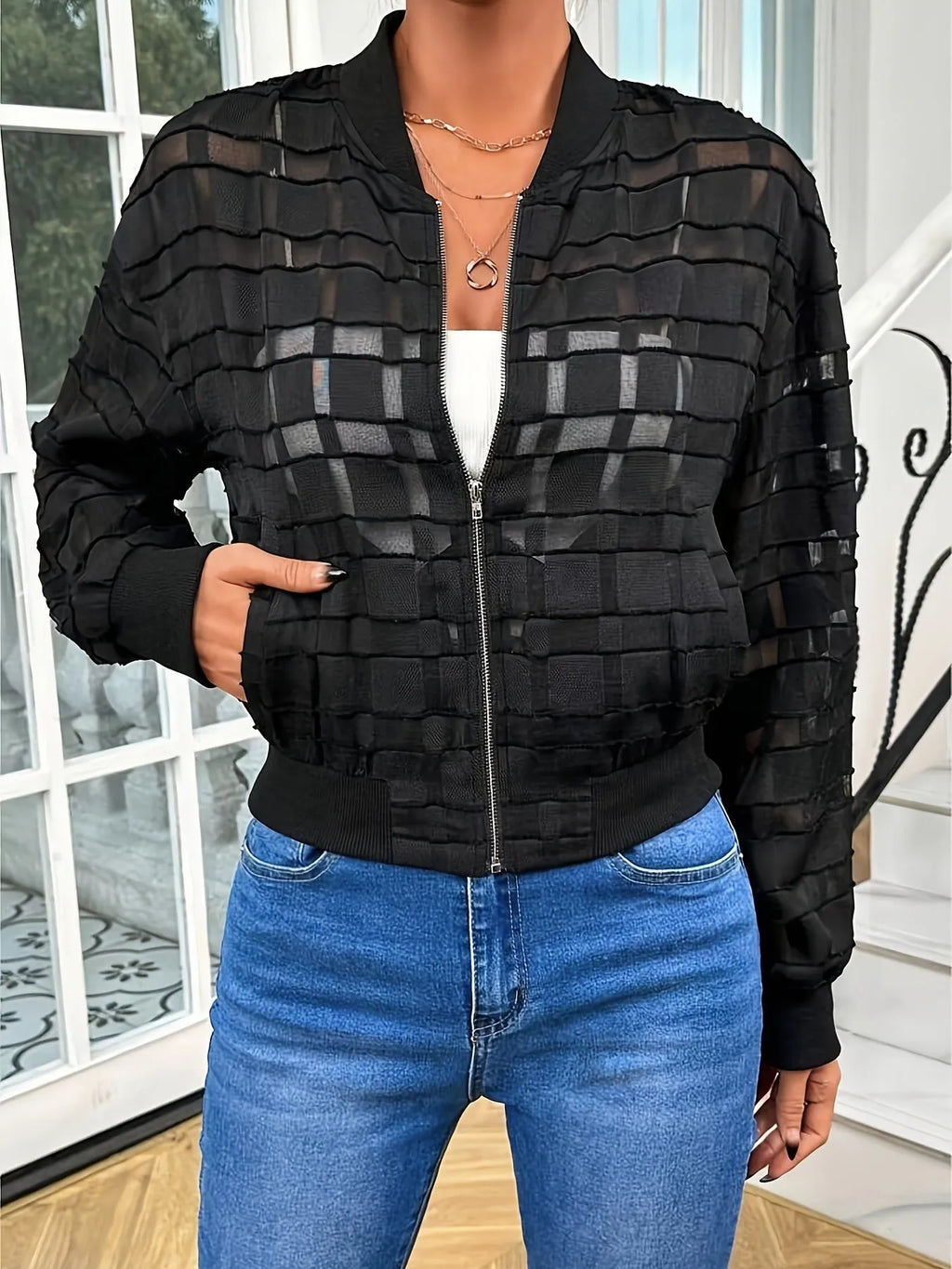 Black women's semi-transparent casual jacket with geometric pattern and front zipper
