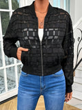 Black women's semi-transparent casual jacket with geometric pattern and front zipper