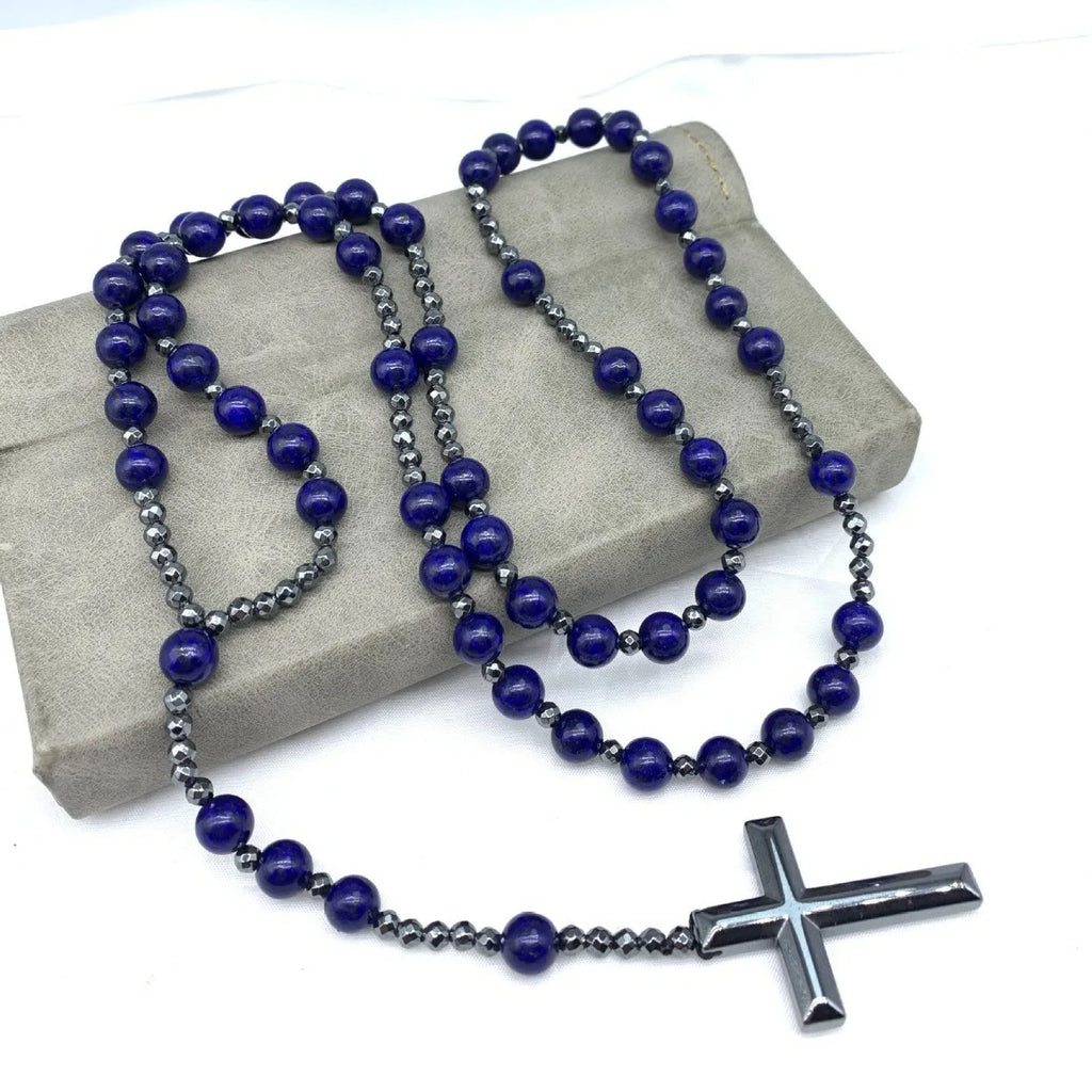 Men's stone geometric cross pendant on an 80cm ball bead chain with safety lock.