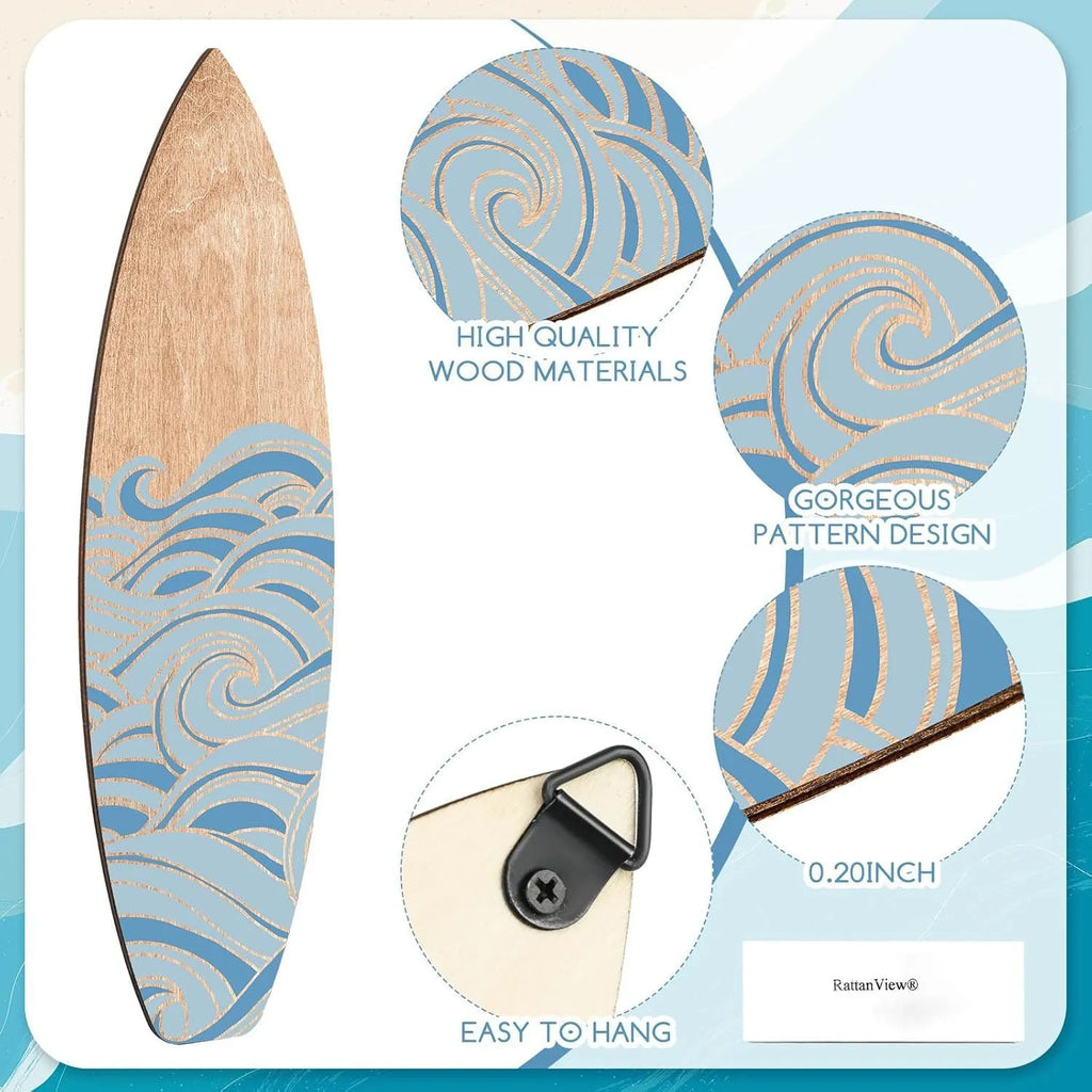 Three identical wooden surfboard-shaped wall decorations on a white background.