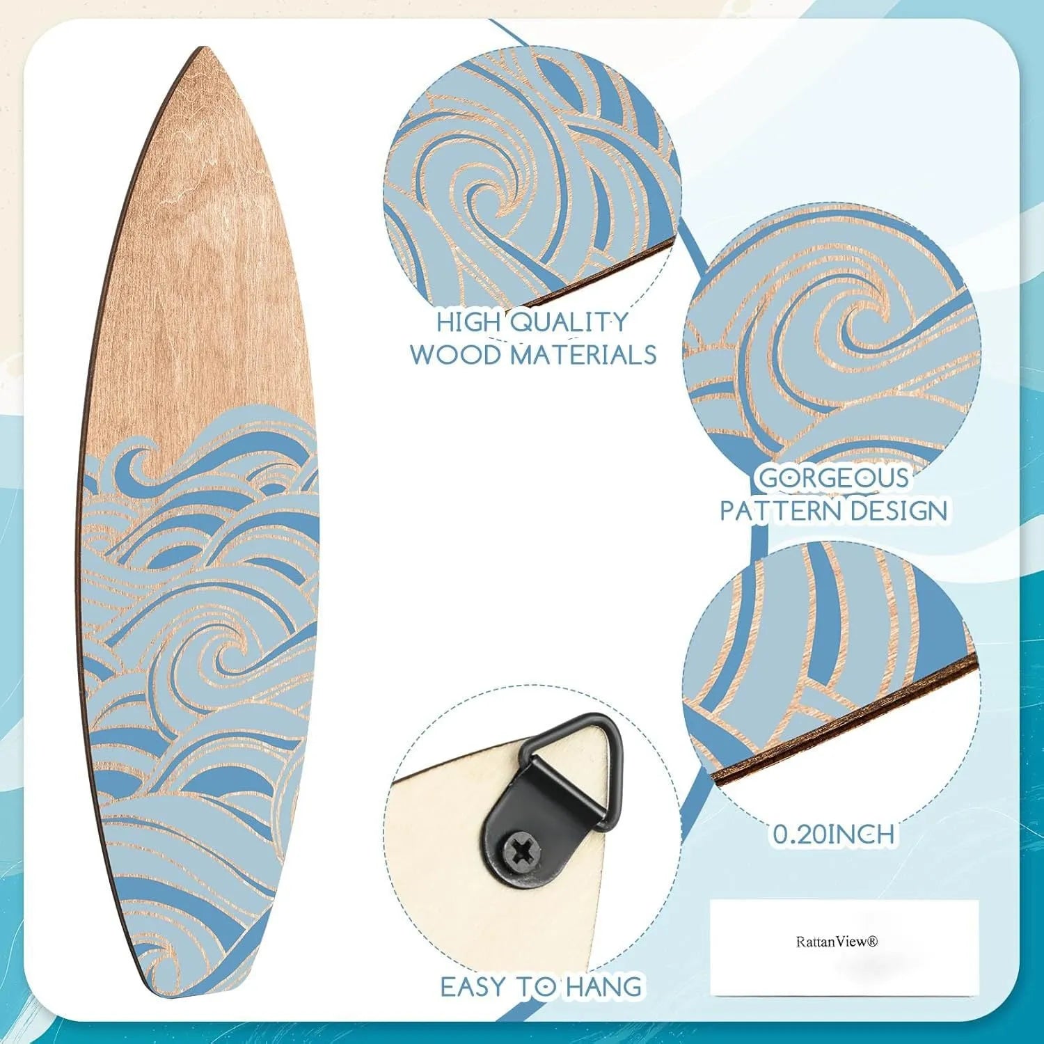 Three identical wooden surfboard-shaped wall decorations on a white background.