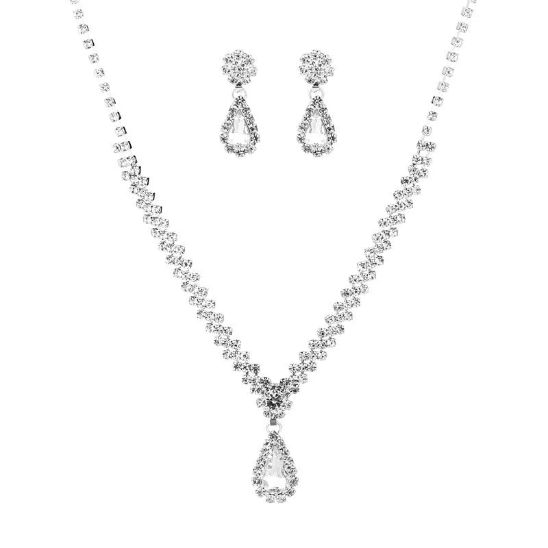 Claw chain rhinestone necklace and earrings set with water drop shape in blue colour