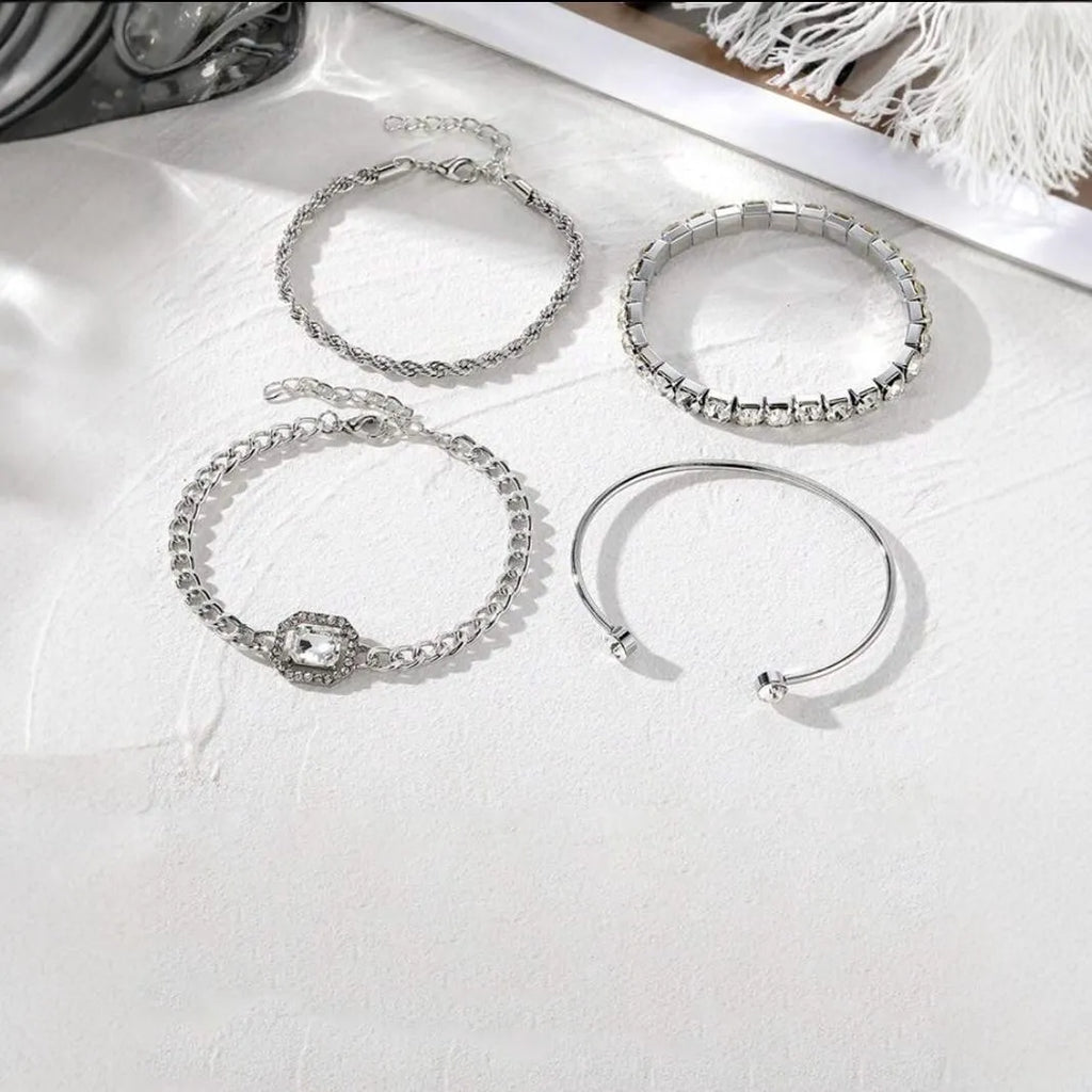 Women's geometric retro style alloy bracelet four-piece set with metal chain and square diamond elements