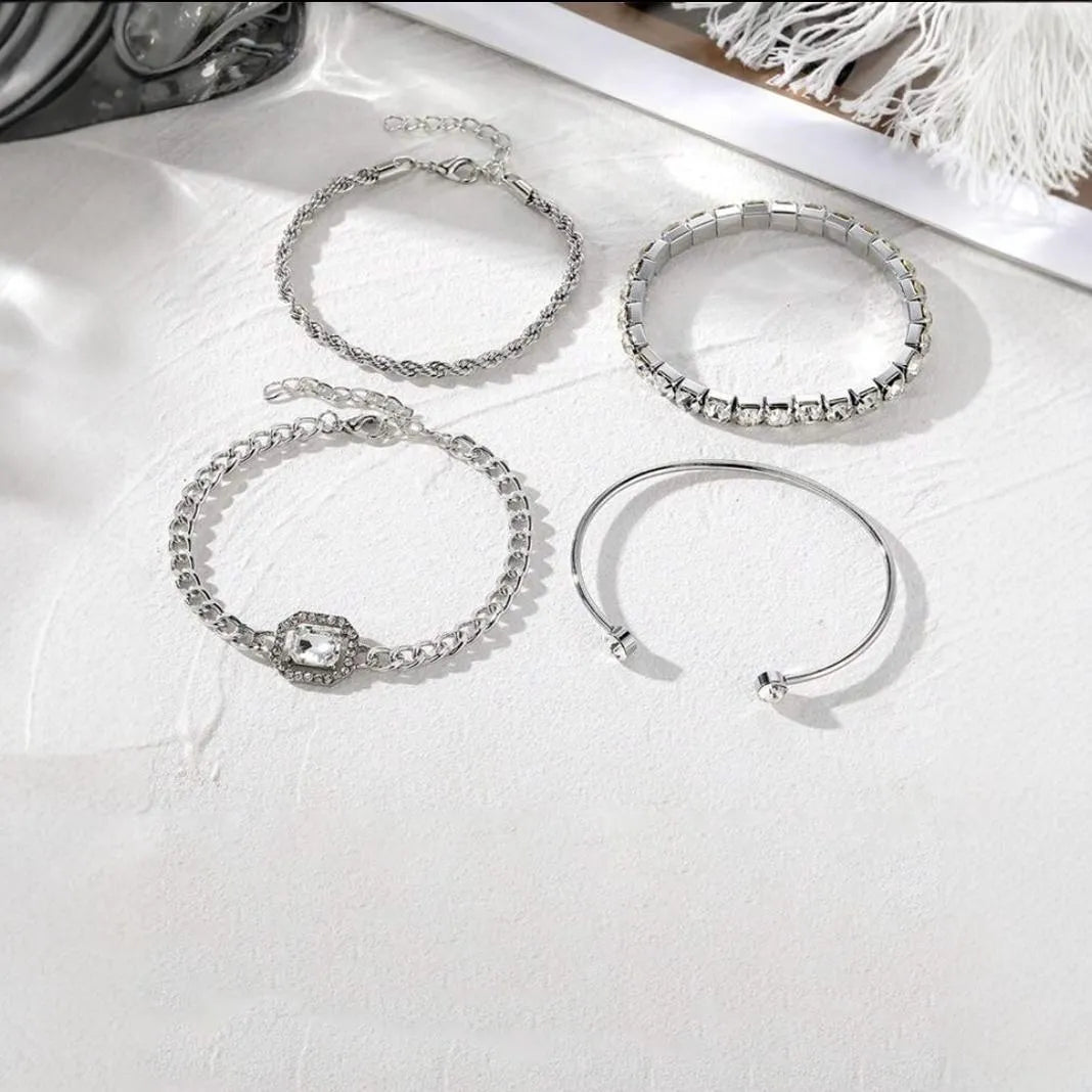 Women's geometric retro style alloy bracelet four-piece set with metal chain and square diamond elements