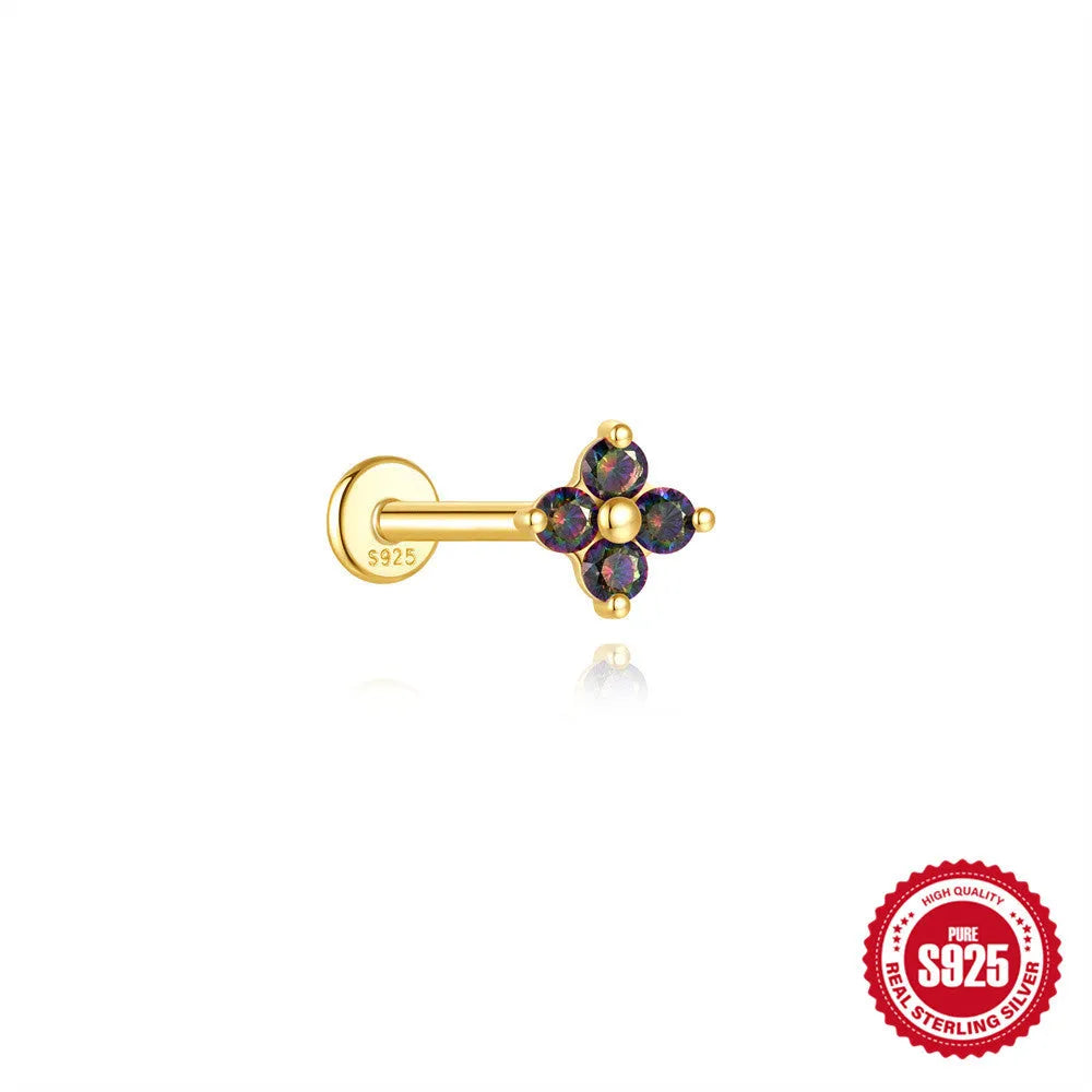S925 sterling silver flat head thread piercing earring with rainbow stone on geometric setting.