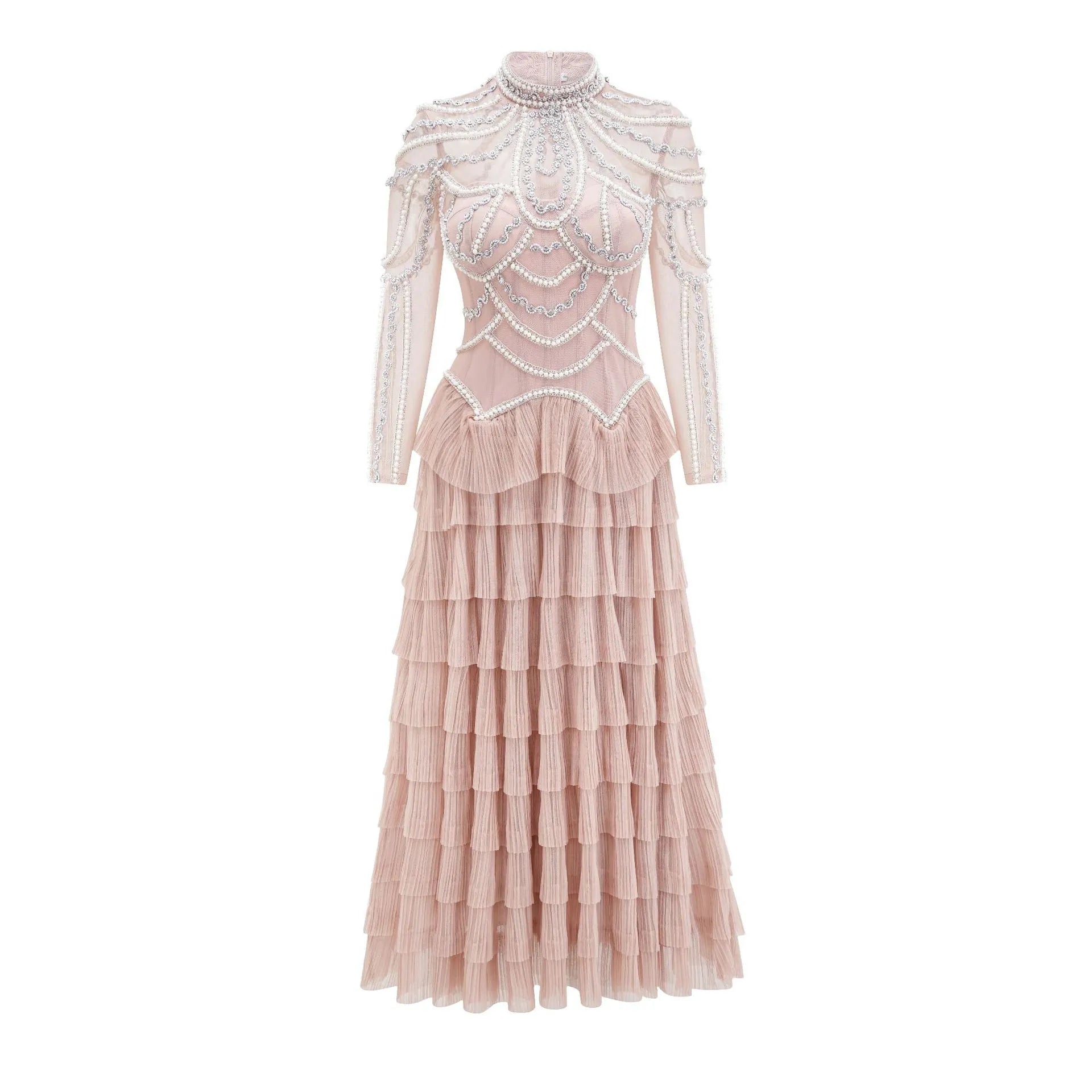Women's black long sleeve dress with beaded embroidery and a mid waist design.