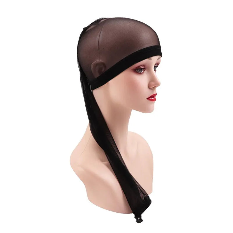 Spandex mesh wig cap in oversleeve design showing stretchable material in seven colour options