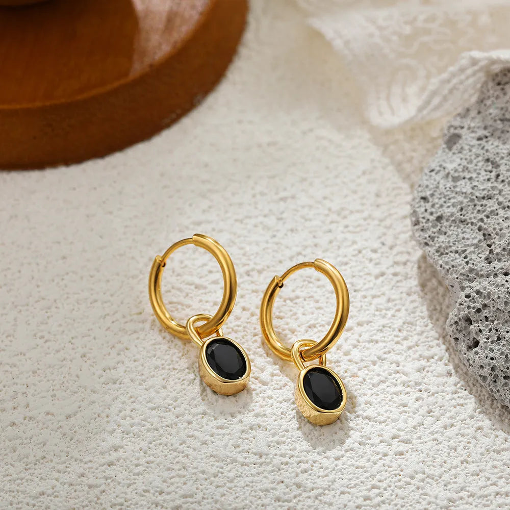 Women's oval zircon earrings in six colours with copper alloy setting and retro styling