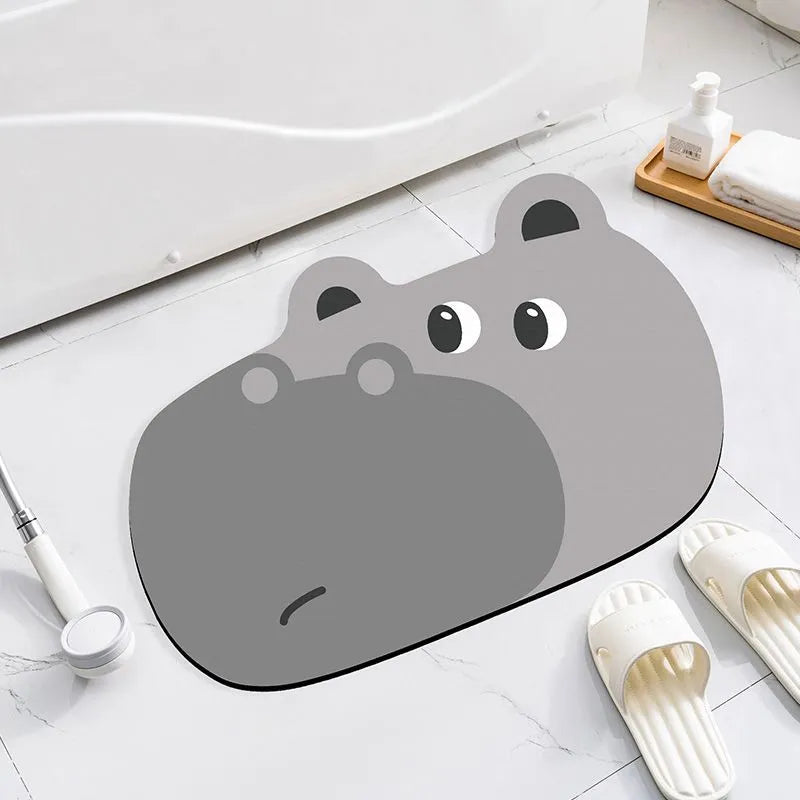 Cartoon animal diatomaceous earth absorbent non-slip bathroom mat in alien shape.