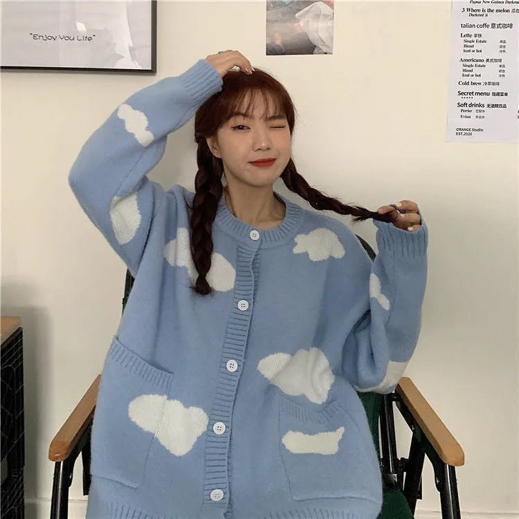 Women's blue cloud pattern spandex cardigan sweater coat with loose fit and regular sleeves