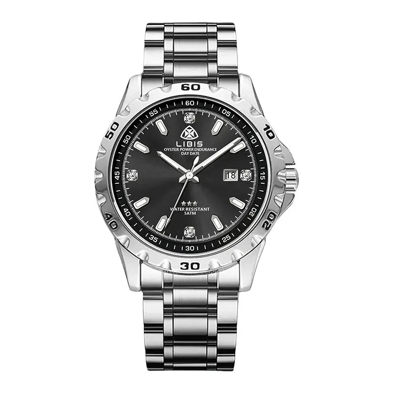 Men's silver case business watch with luminous hands, stainless steel strap, and sapphire glass
