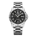 Men's silver case business watch with luminous hands, stainless steel strap, and sapphire glass