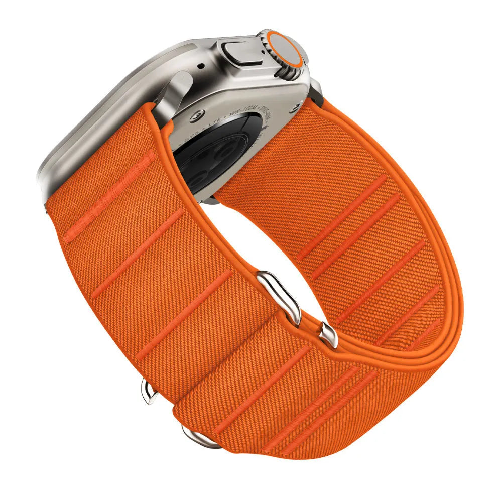 Elastic nylon Apple Watch band with stainless steel buckle shown in multiple colour options