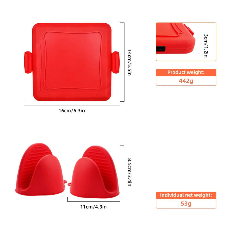 Red silicone baking tray with integrated handle and a pair of matching silicone oven gloves on a kitchen counter.