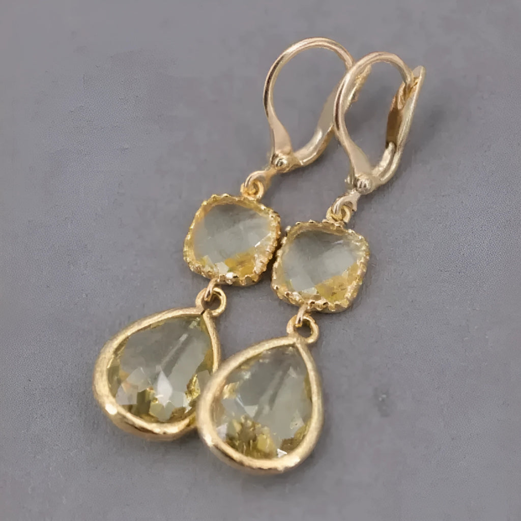 Gold retro geometric long fringe earrings with crystal water droplets on copper construction