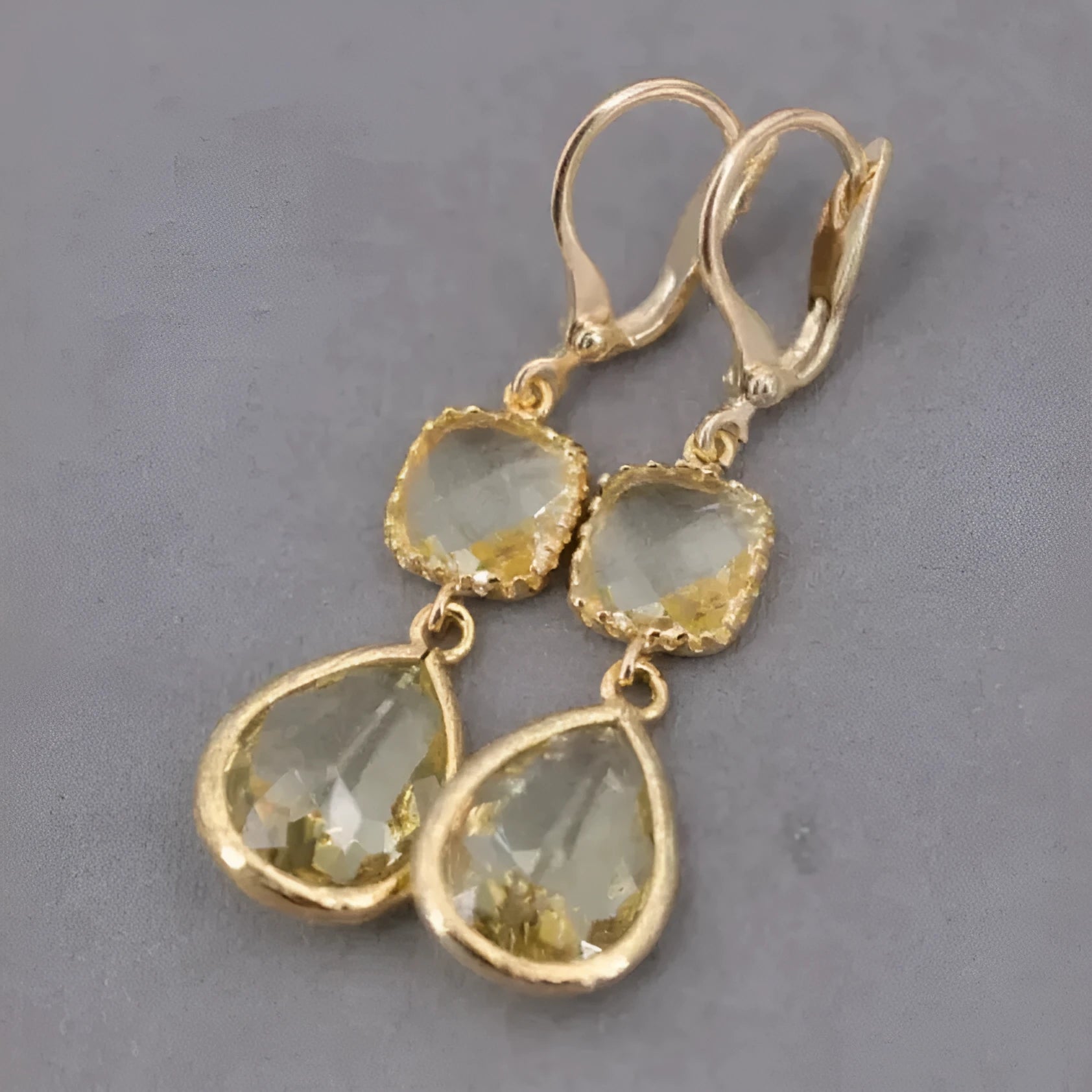 Gold retro geometric long fringe earrings with crystal water droplets on copper construction