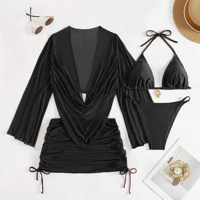 Dark brown lace-up backless women's bikini swimsuit set on a mannequin.