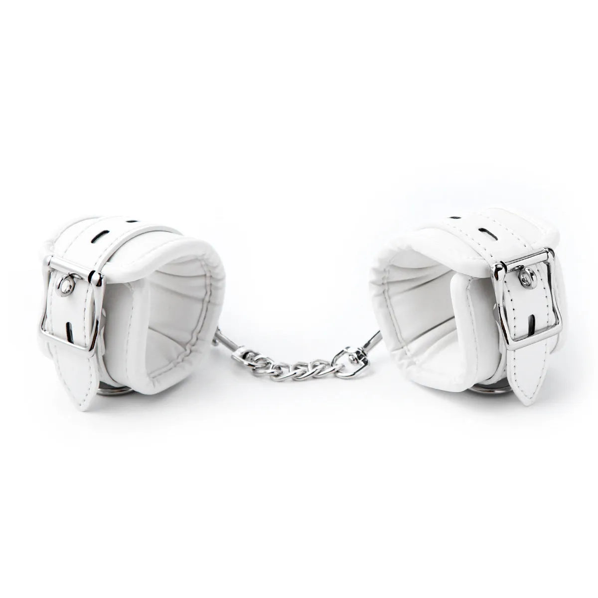 White PU sponge bondage restraint set showing handcuffs, footcuffs and neck cuff accessories