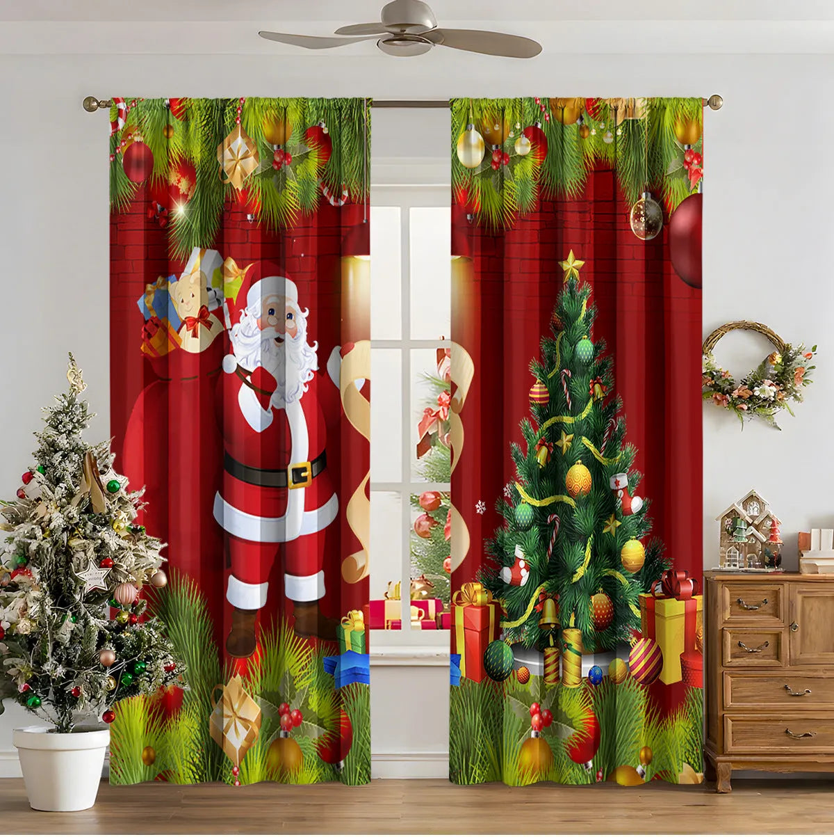 3D digitally printed Christmas curtain panel hanging on a window, showing festive pattern and polyester fabric texture.