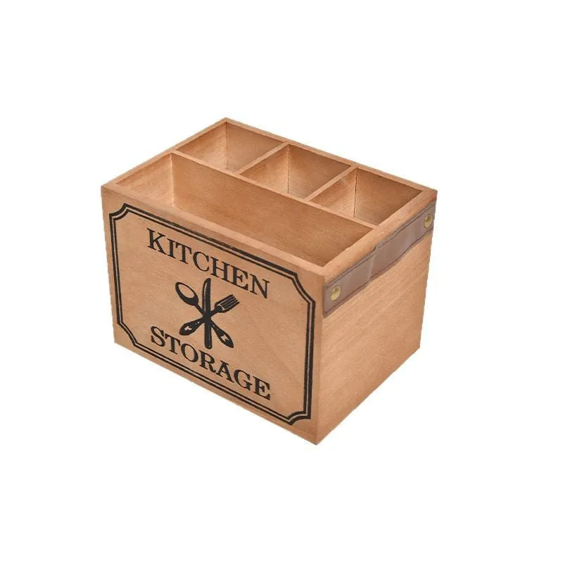 Wooden kitchen storage box with grid divider for knives forks and chopsticks