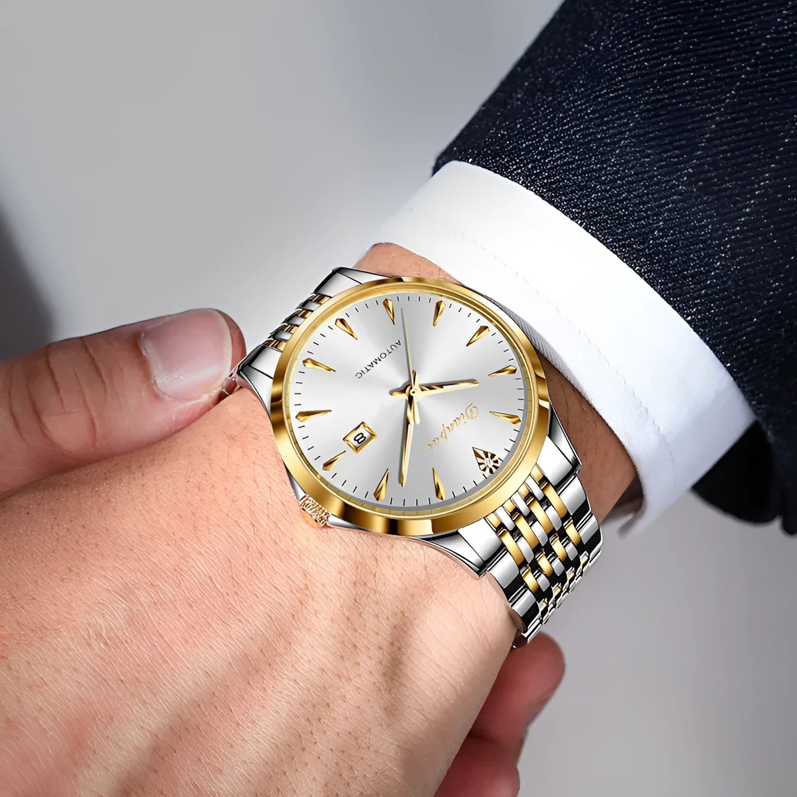 Men's automatic mechanical watch with stainless steel case and strap on simple dial