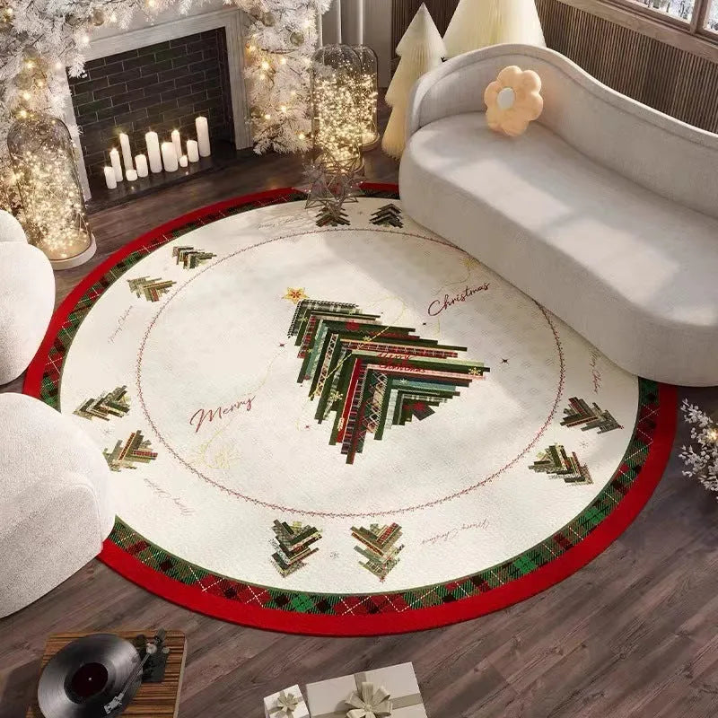 Red Christmas round carpet with festive designs on living room floor