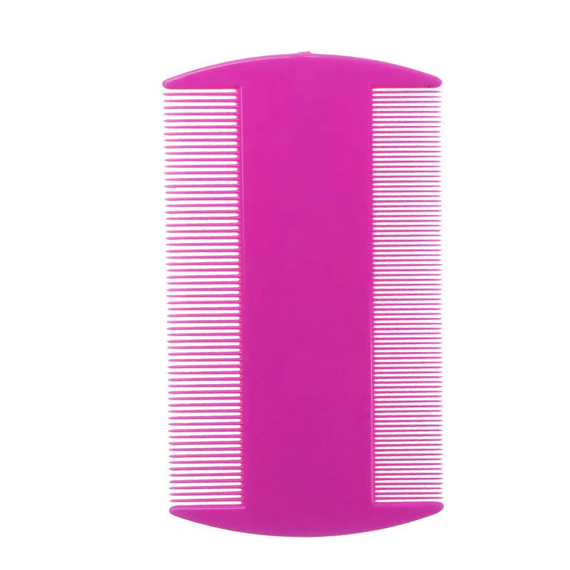 Double-sided fine tooth plastic comb for lice and fleas in various colours on a white background.