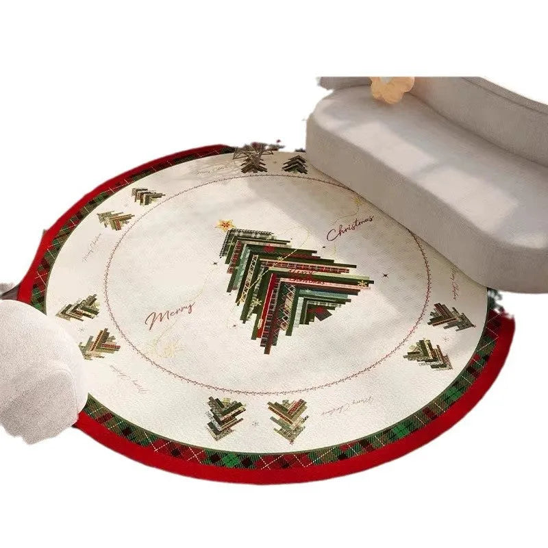 Red Christmas round carpet with festive designs on living room floor