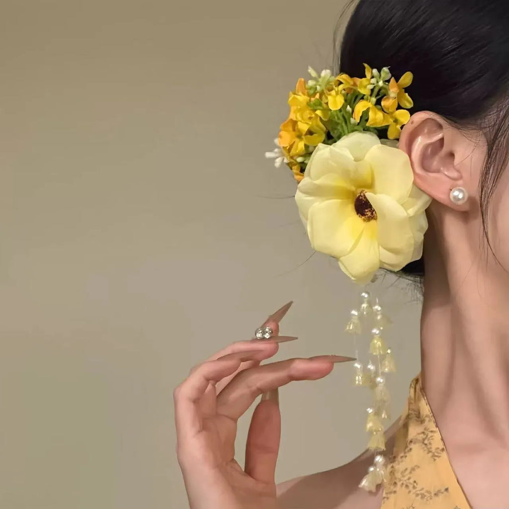 Yellow flower tassel hair clip with pearl beads and metal side clip
