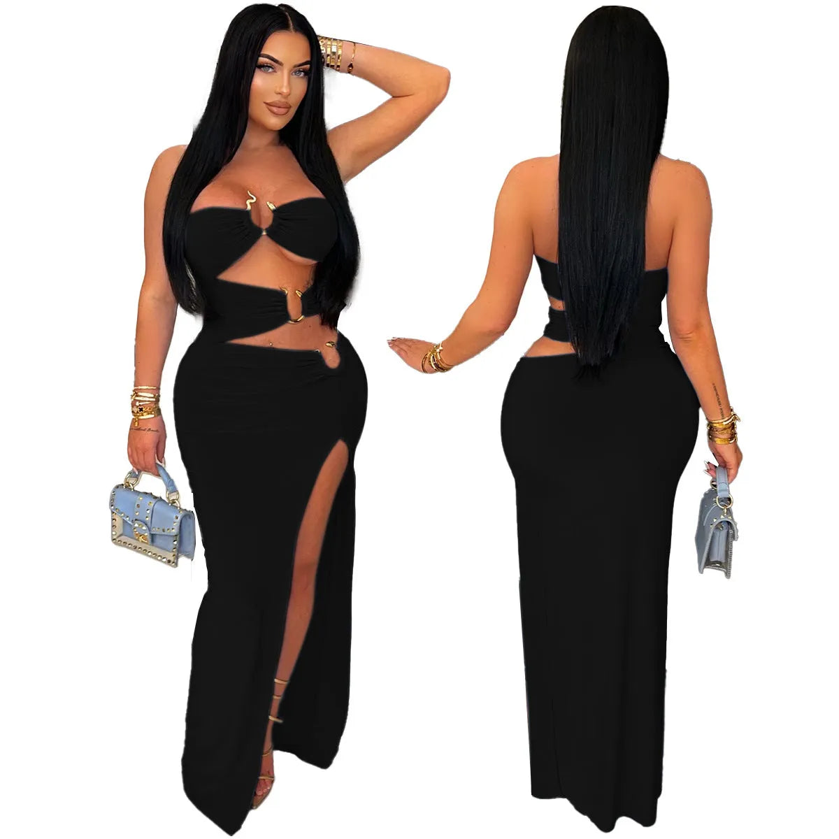 Women's solid colour high slit hip dress with hollow-out eyelet stitching, available in apricot