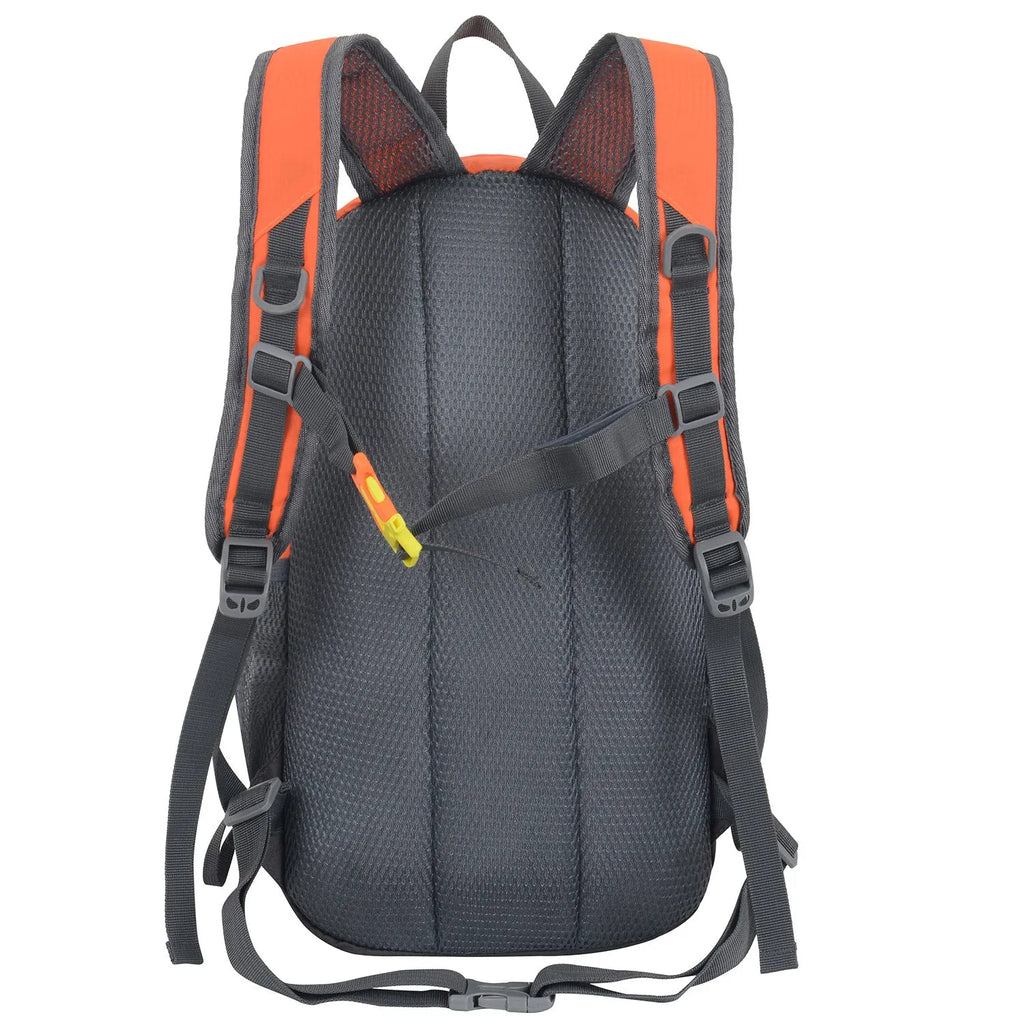 Black outdoor backpack with air pillow belt, shown with other colour options: blue, dark blue, lake blue, orange, and purple.