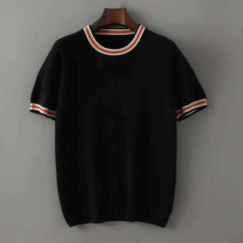 Men's grey short sleeve wool sweater with a round neck on a hanger.