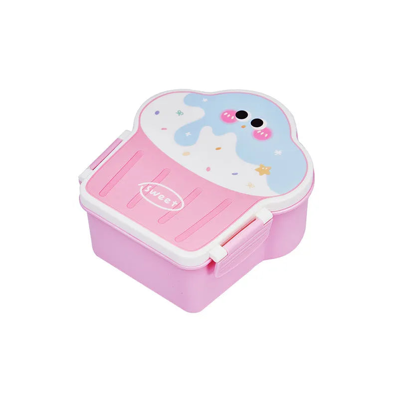 Pink and blue creative ice cream shaped plastic lunch box with spoon and fork set on a white background.