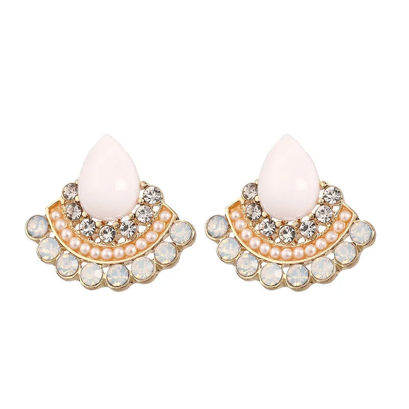 Women's retro fan-shaped alloy earrings with silver stud finish and opal rhinestone detail.