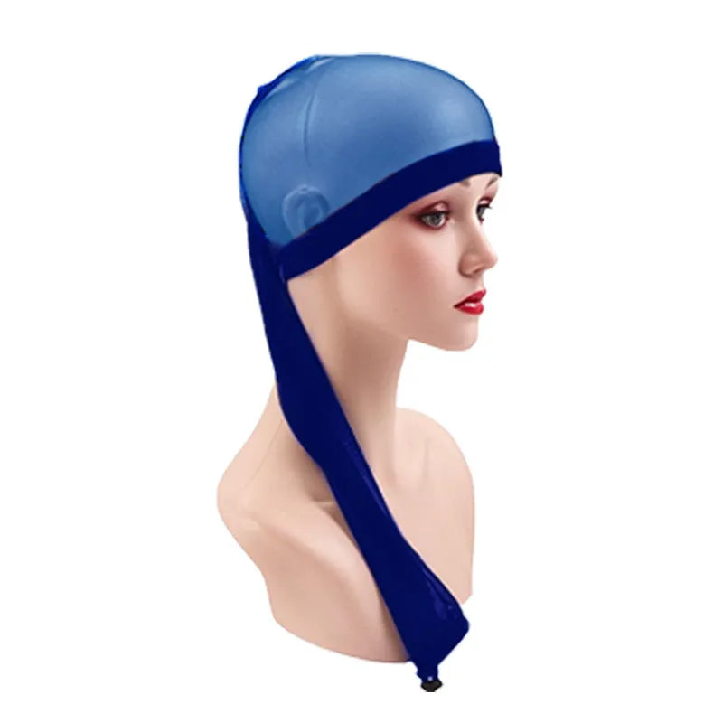 Spandex mesh wig cap in oversleeve design showing stretchable material in seven colour options